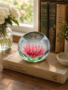 Hand-Blown Glass Water Lily Pink and White Flower Paperweight 1.5"